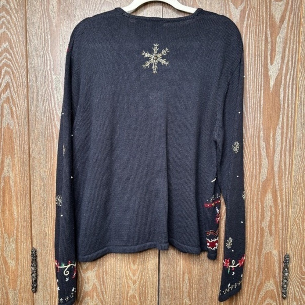 Vtg Christmas Sweater Black Beaded Sequin Poinsettia Snowflake Zip Up Womens XL - Picture 9 of 10